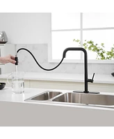 Single Handle Pull-Down Sprayer 1 Spray High Arc Kitchen Faucet With Deck Plate in Matte Black