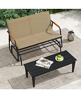 Slickblue Patio Glider Bench with Curved Teak Armrests and Breathable Fabric Seat for 2 People