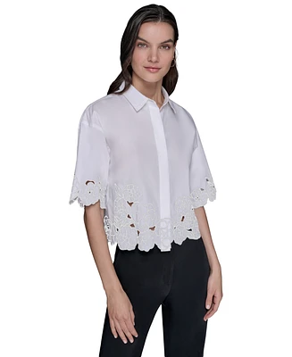 Karl Lagerfeld Paris Women's Cotton Floral-Embroidered Camp Shirt