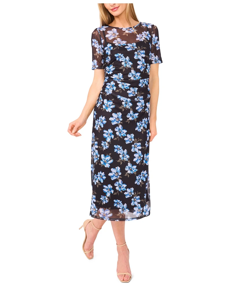 CeCe Women's Short Sleeve Ruched Side Mesh Crew Neck Midi Dress
