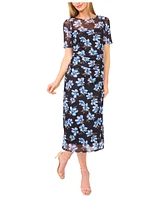 CeCe Women's Short Sleeve Ruched Side Mesh Crew Neck Midi Dress