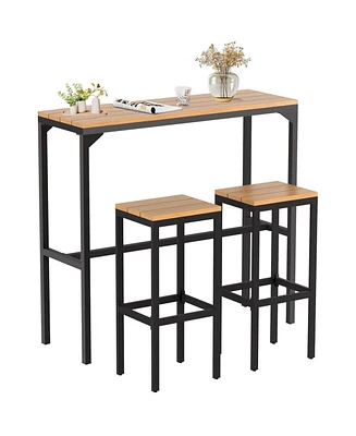 3 Pieces Bar Table Set with 2 Chairs with Metal Legs and Footrest