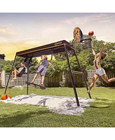 Vuly Trampolines Basketball Set Attachment with Backboard, Netted Hoop, Mini Basketball, and Hand Air Pump Compatible with Trampolines and Swing Sets