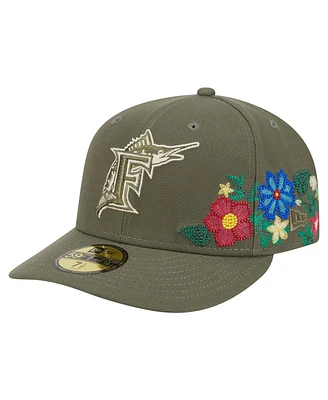 New Era Men's Olive Florida Marlins Cooperstown Collection Tonal Florals 59FIFTY Fitted Hat