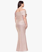Betsy & Adam Plus Off-The-Shoulder Long Sheath Dress