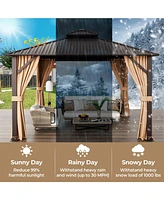 12 x 12 Feet Double-Roof Patio Hardtop Gazebo with Galvanized Steel Roof Netting and Curtains