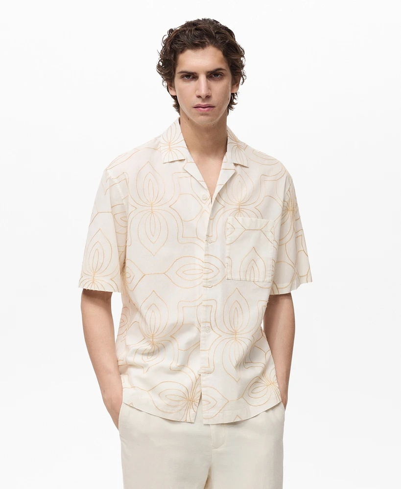 Mango Men's Embroidered Bowling Collar Shirt