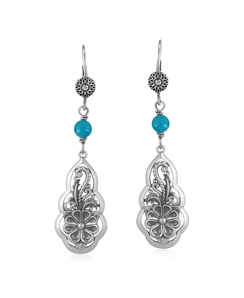 American West Jewelry Sterling Silver Kingman Turquoise Flower Gemstone Bead Lever Back Earrings