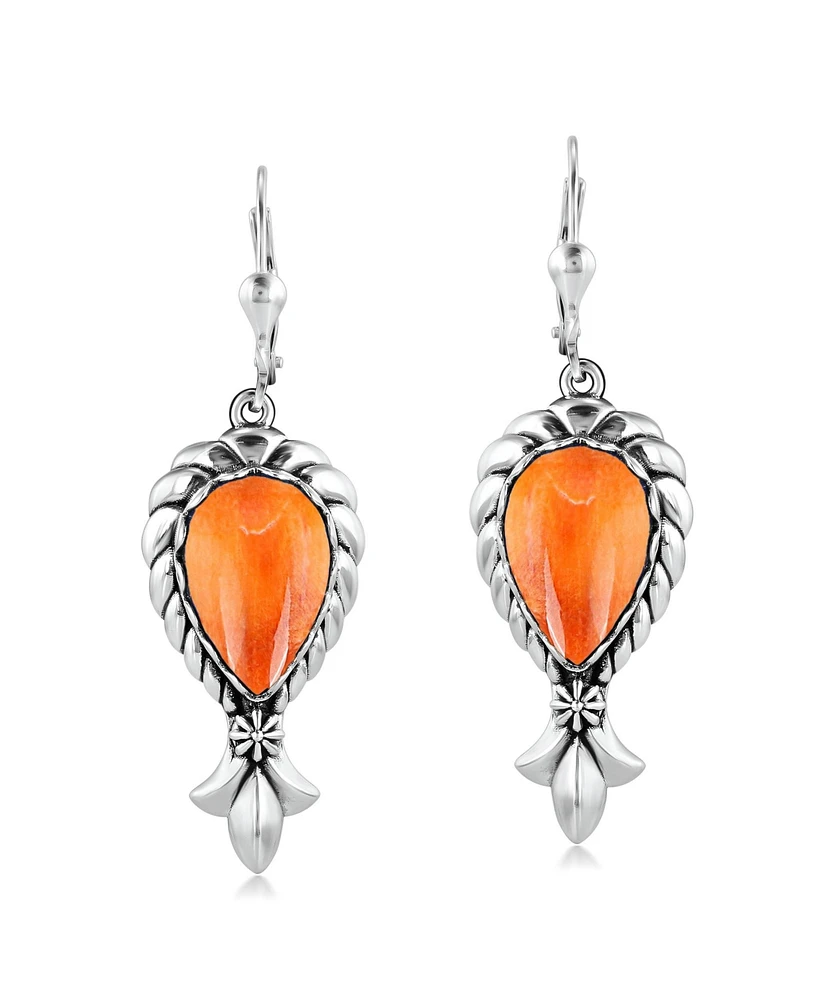 American West Jewelry Sterling Silver Orange Spiny Oyster Pear Gemstone Squash Blossom Lever Back Earrings