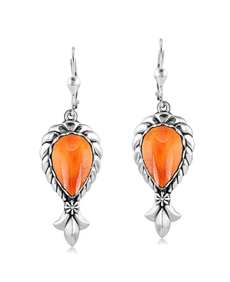 American West Jewelry Sterling Silver Orange Spiny Oyster Pear Gemstone Squash Blossom Lever Back Earrings