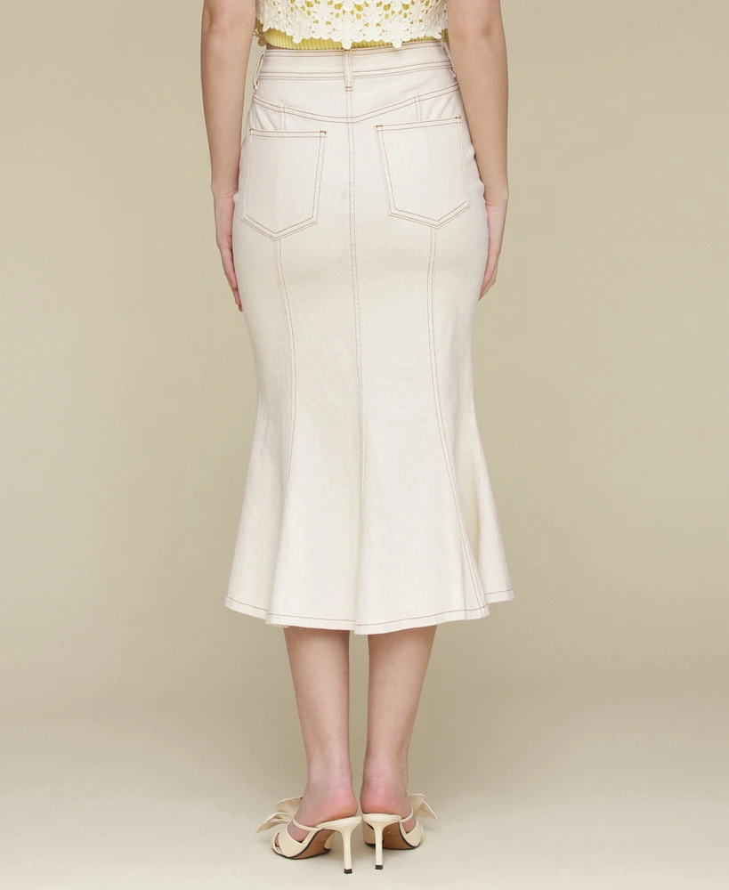 Avec Les Filles Women's Panelled Flare Denim Midi Skirt