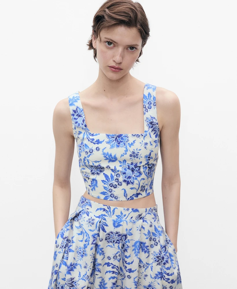 Mango Women's Low Neckline Floral Crop Top