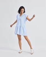 Reistor Women's Oversized V neck Short Dress with Frayed Sleeves