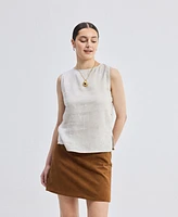 Reistor Women's Boat Neck Top Checkered Linen