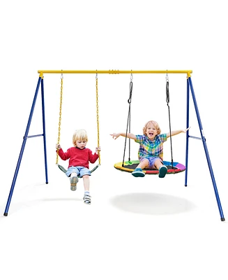 Gymax Boys Swing Frame Stand with 2 Swing Set Swing Sets for Backyard w/ Ground Stakes