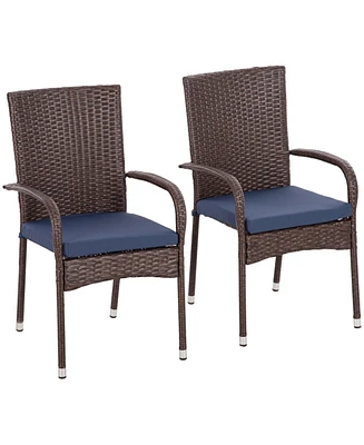 Outsunny 2 Outdoor Dining Chairs w/ Cushion, Patio Wicker,
