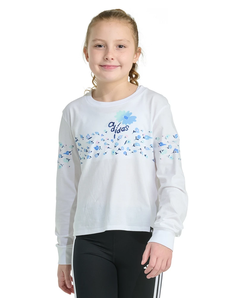 adidas Big Girls Long-Sleeve Regular-Fit Floral Logo Graphic Cotton T-Shirt