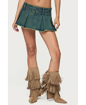 Edikted Women's Frayed Pleated Denim Mini Skort