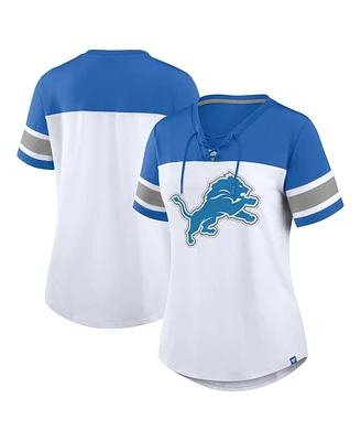 Fanatics Women's White/Blue Detroit Lions Athena Rhinestone Lace-Up V-Neck T-Shirt