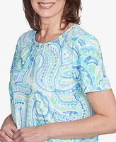Alfred Dunner Petite Pleated Crew Neck Paisley Top