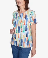 Alfred Dunner Petite Stained Glass Pleated Crew Neck Top