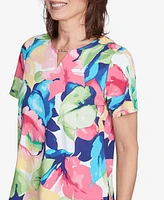 Alfred Dunner Petite Tropical Leaf Split Beaded Neck Top