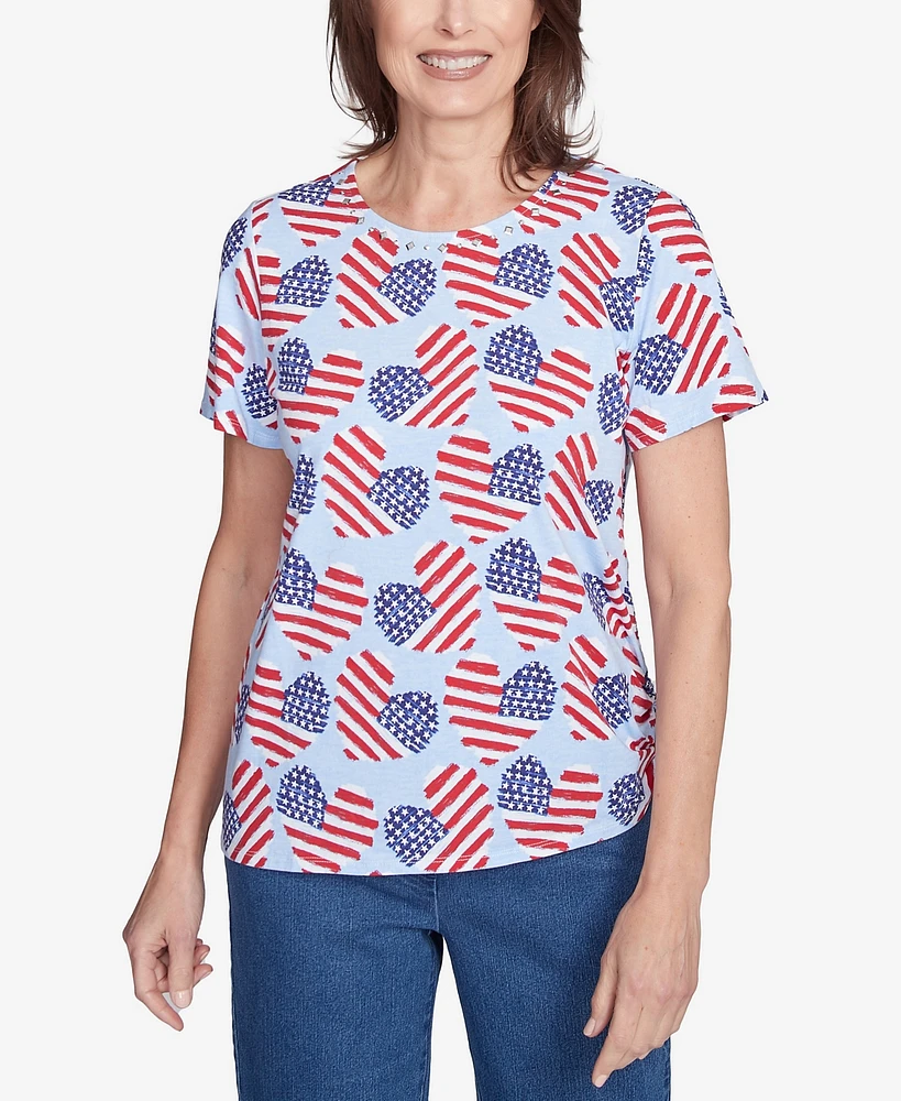 Alfred Dunner Petite Flag Heart Top with Side Ruching