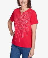 Alfred Dunner Petite Dazzling Shooting Stars with Beaded Split Neck Top