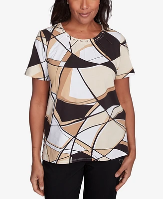 Alfred Dunner Petite Geometric Top with Detailed Neckline