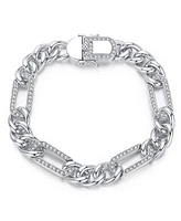 Men's Sterling Silver White Gold Plated with Iced Out Cubic Zirconia Paper Clip Curb Chain Bracelet
