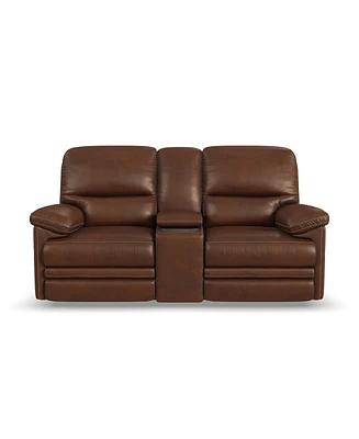 Flexsteel David 78" Pecan Leather Power Reclining Loveseat with Console