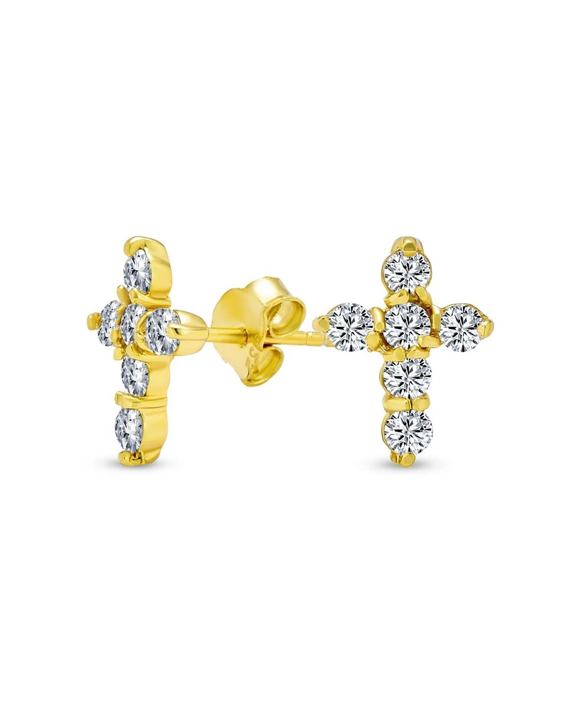 Bling Jewelry Minimalist Petite Religious Small Cz Cross Stud Earrings Cubic Zirconia Gold Plated .925 Sterling Silver