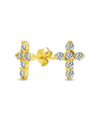 Bling Jewelry Minimalist Petite Religious Small Cz Cross Stud Earrings Cubic Zirconia Gold Plated .925 Sterling Silver