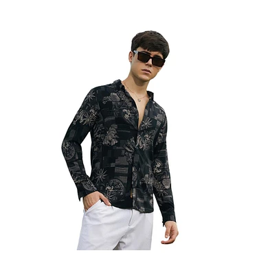 Campus Sutra Men's Midnight Black Bloom-Imprint Shirt
