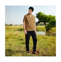 Campus Sutra Men's Camel Brown Asymmetrical Cuban Shirt