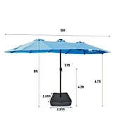 Flynama 15x9ft Large Double-Sided Rectangular Outdoor Twin Patio Market Umbrella with light and base- blue