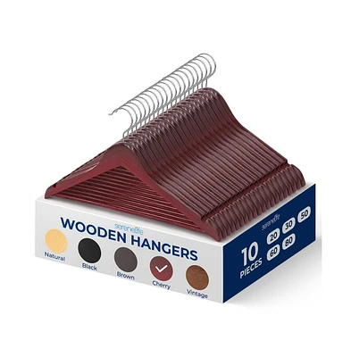 10 Pcs. Wooden Hangers - Non-Slip, Sturdy, and Heavy Duty Suit Hanger Set with Chrome 360° Swivel Hook (Cherry