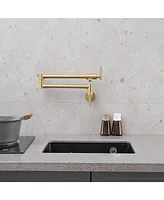 Greenspring Wall Mount Pot Filler Faucet Double-Handle Folding Kitchen Restaurant Sink with Dual Joint Swing Arm Commercial Gold