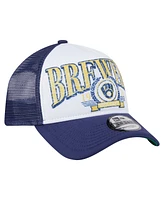 New Era Men's White Milwaukee Brewers Distressed 9FORTY A-Frame Adjustable Trucker Hat