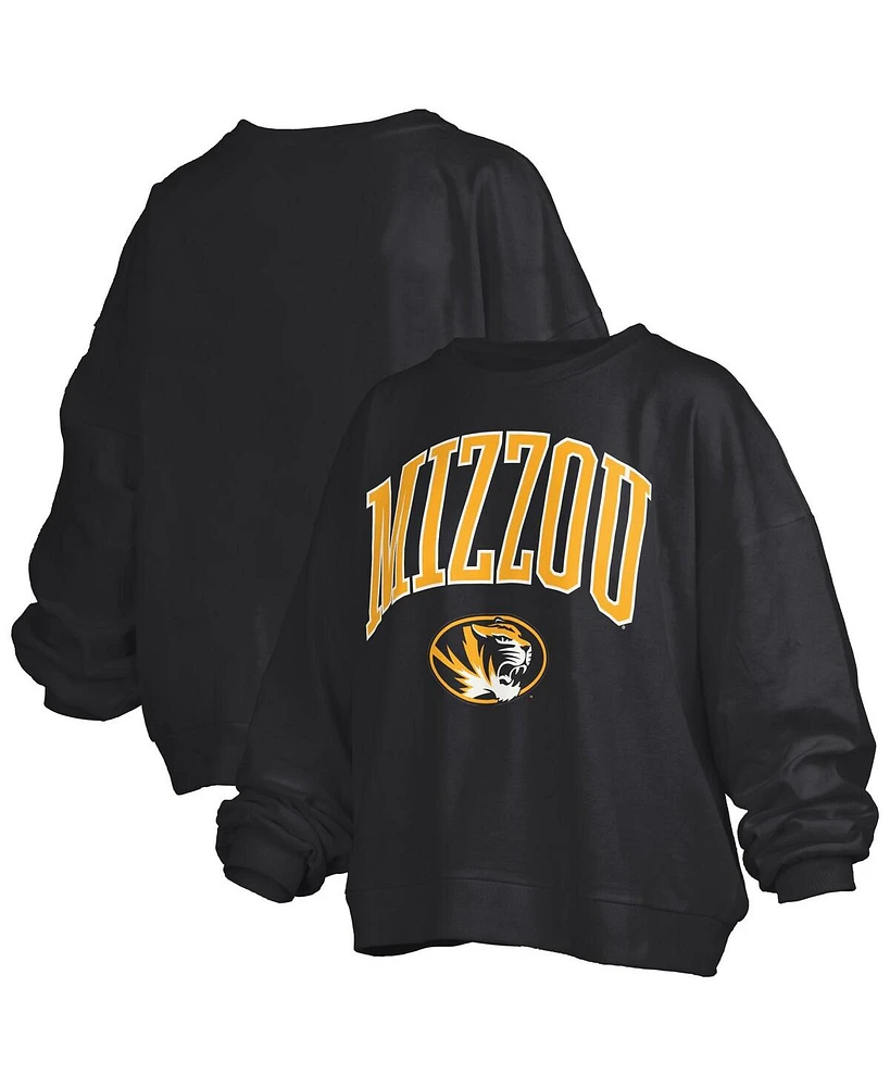 Pressbox Women's Black Missouri Tigers Janise Arch Over Logo Waist Length Oversized Pullover Sweatshirt
