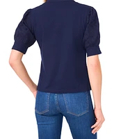 CeCe Women's Cotton Puffed-Sleeve Mixed-Media Top