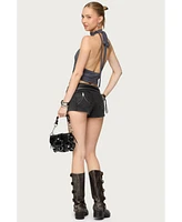 Edikted Womens Syra Zipper Low Rise Denim Shorts