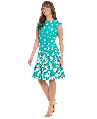 London Times Women's Printed Cap-Sleeve Fit & Flare Dress