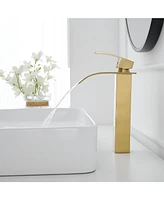Greenspring Waterfall Single Hole Single Handle Modern Bathroom Vessel Sink Faucet With Metal Drain in Brushed Gold