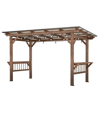 Mondawe 13x6.5FT Wooden Bbq Pergola – Metal Roof Grill Gazebo with Bar Counters & Lights