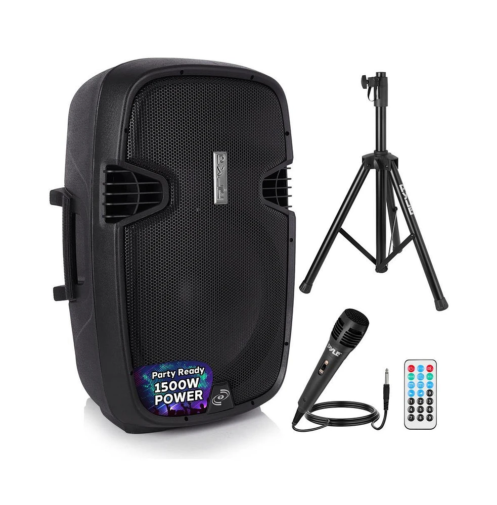 Pyle 15" Wireless Portable Pa Speaker System, 1500W Bluetooth, Usb/Sd/Rca, Stand, Mic, Power Cable, Outdoor Sound (PPHP155ST), Black