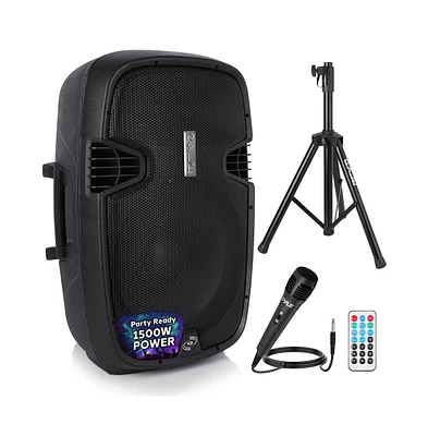 Pyle 15" Wireless Portable Pa Speaker System, 1500W Bluetooth, Usb/Sd/Rca, Stand, Mic, Power Cable, Outdoor Sound (PPHP155ST), Black