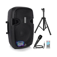 Pyle 15" Wireless Portable Pa Speaker System, 1500W Bluetooth, Usb/Sd/Rca, Stand, Mic, Power Cable, Outdoor Sound (PPHP155ST), Black