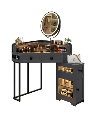 Vlsrka Farmhouse-style dressing table with mirror and lights, featuring a glass top.