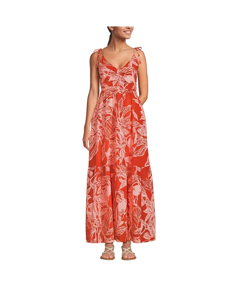 Lands' End Women's Cotton Voile Vneck Tie Strap Maxi Dress